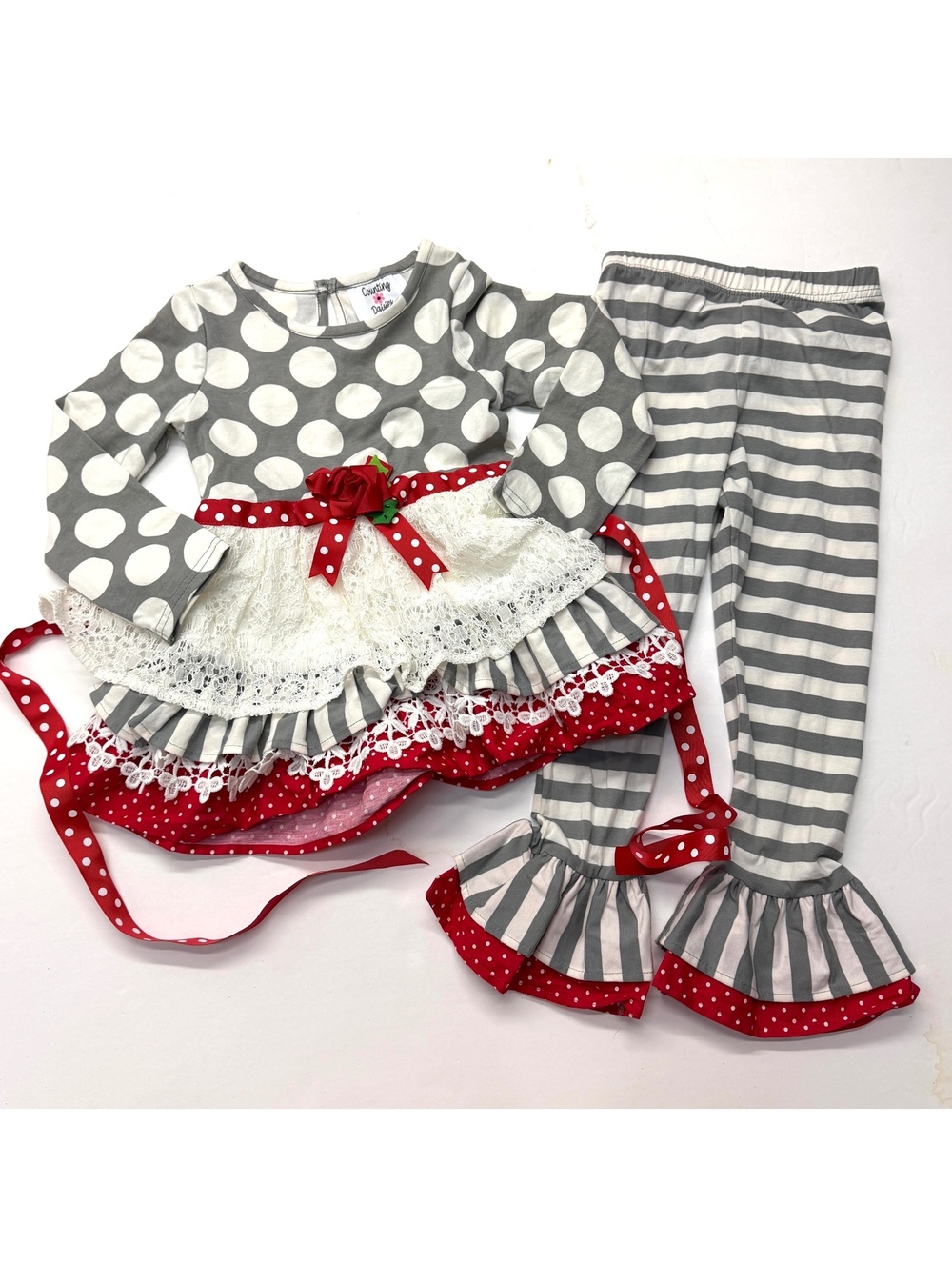 Counting Daisies Polka Dot Striped Leggings Christmas Set Outfit Lace Ribbon